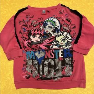 Monster High Girls Pink 3/4 Sleeve Top XL 14/16 Glitter Skulls